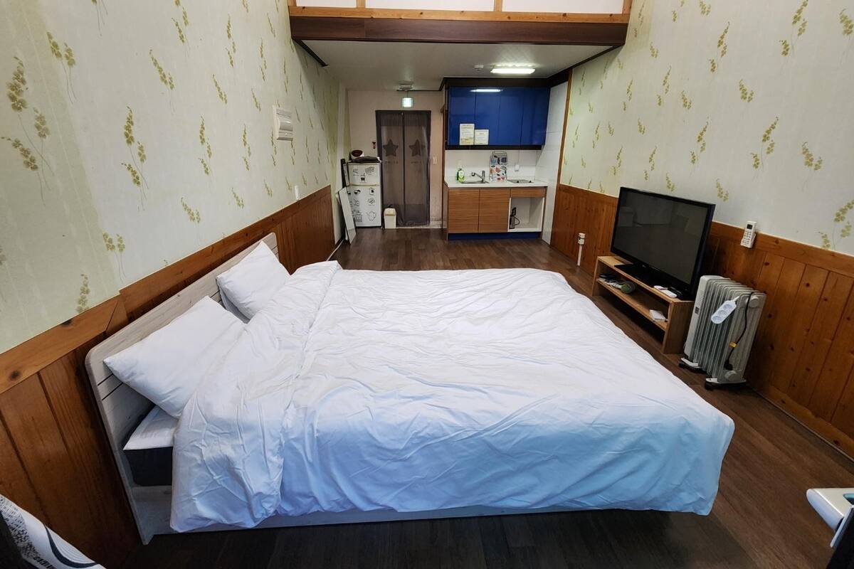 Une chambre dotée d’un grand lit, d’une télévision, d’un radiateur et d’un petit coin cuisine.
