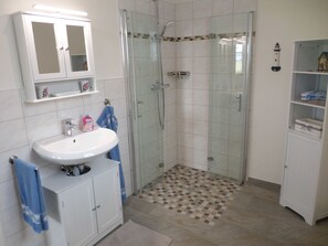 Ducha, secador de pelo, toallas, jabón