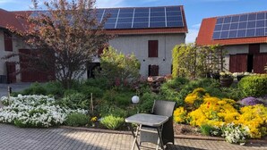 Ein Innenhof mit einem Stuhl, Solaranlagen auf den Gebäuden und einem Garten mit verschiedenen Blumen.