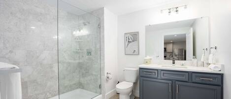Shower, hair dryer, towels