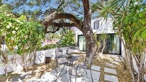 A patio area with a table and chairs, surrounded by trees and a white wall.
