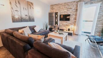 Una Smart TV, una chimenea, un reproductor de DVD, libros