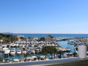 Uma marina repleta de barcos e iates diversos, com vista clara para o mar e colinas ao longe.