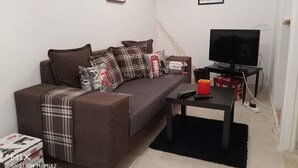 Una sala de estar con un sofá marrón, una mesa de centro negra, un televisor y algunos objetos decorativos.