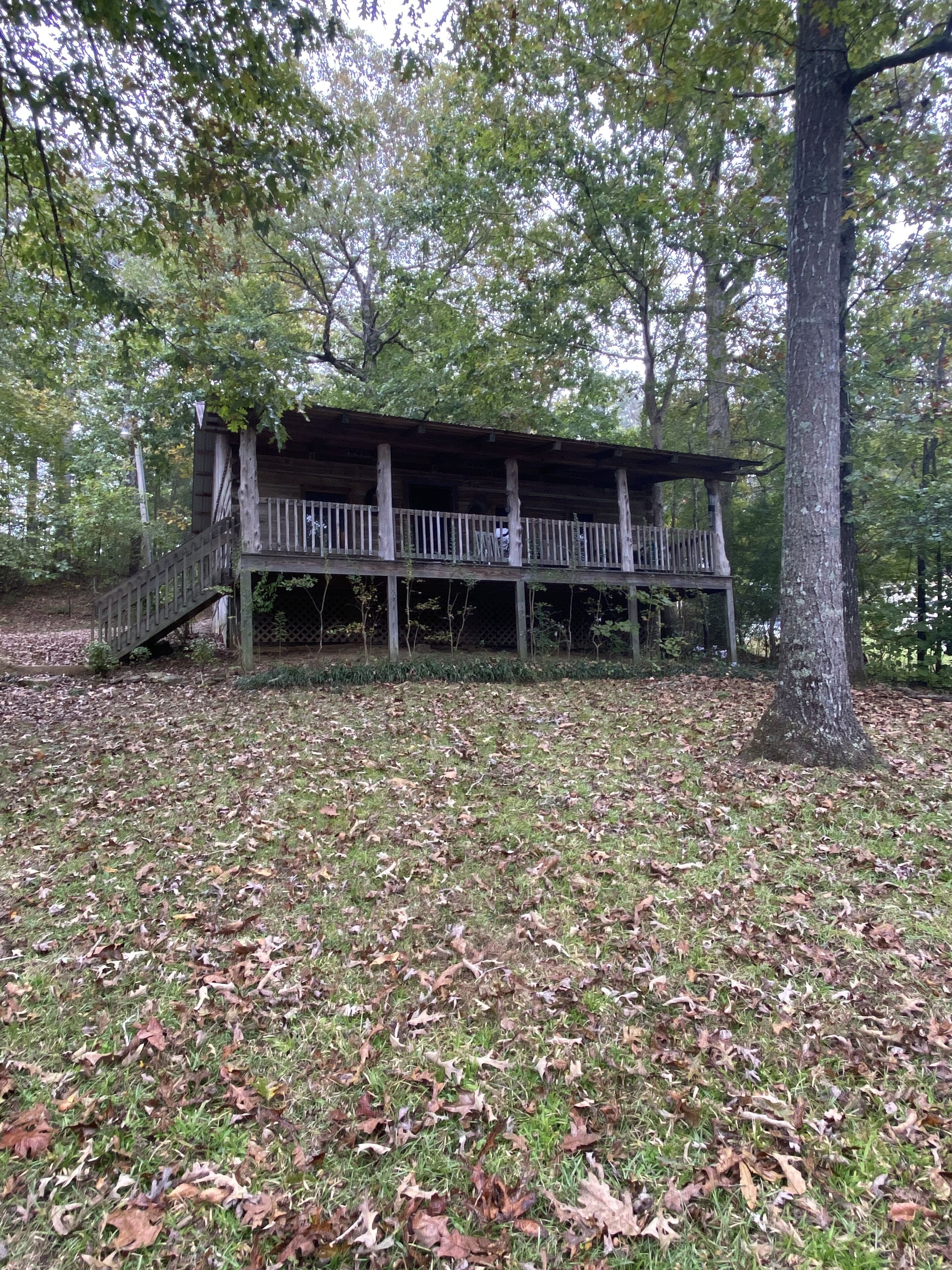 A rustic wooden cabin with a balcony, surrounded by trees and covered in fallen leaves.