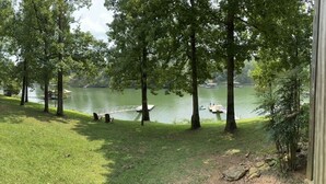 Une vue sur le lac, avec une zone herbeuse, des arbres et un quai où sont amarrés des bateaux.