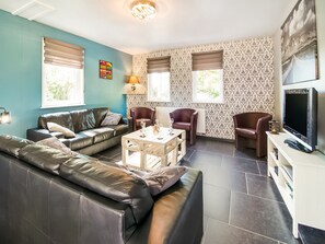 Télévision, cheminée, lecteur de DVD, baby-foot