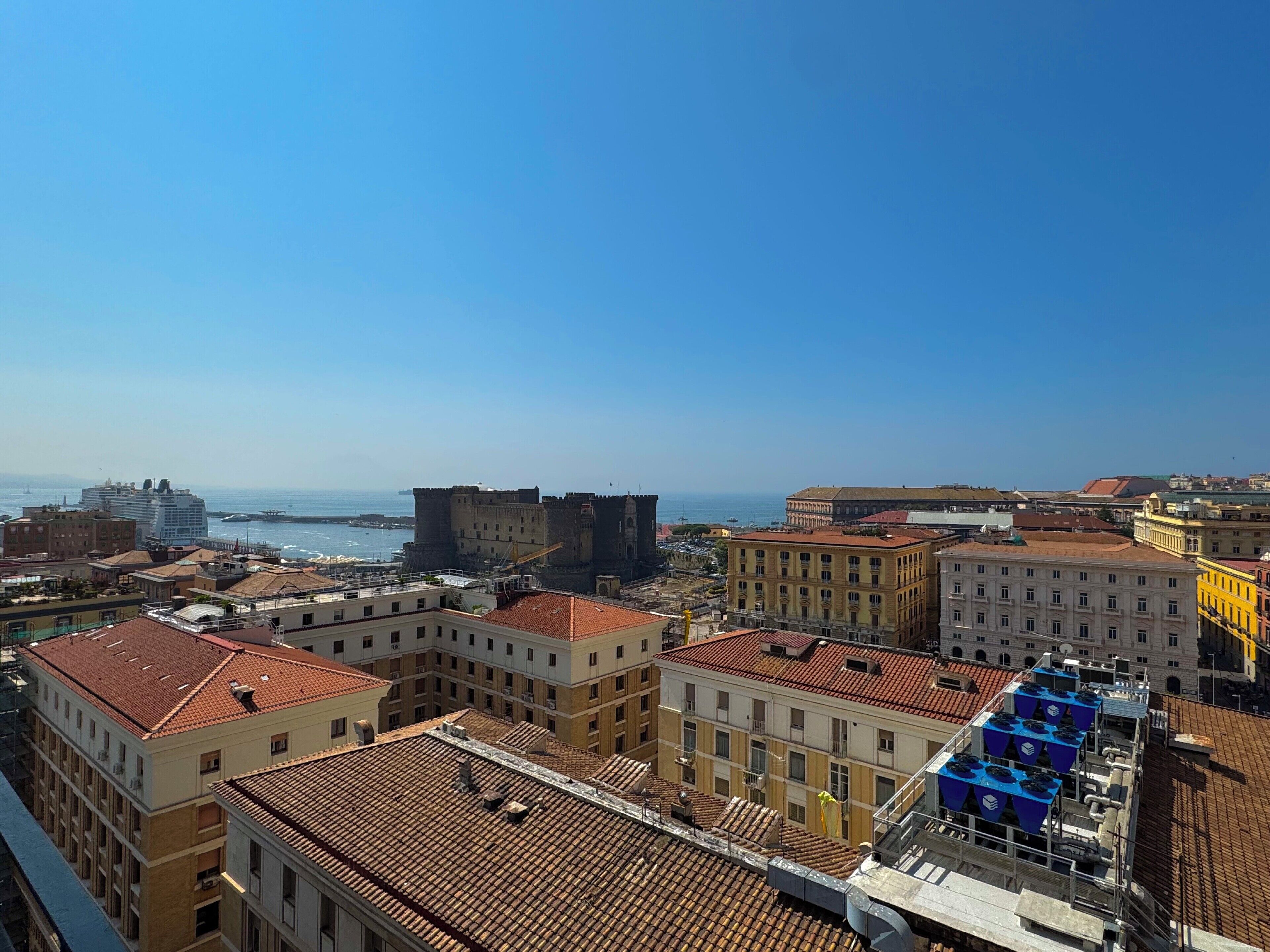 A cityscape with historic buildings, a prominent castle, and a modern cruise ship in the distance.
