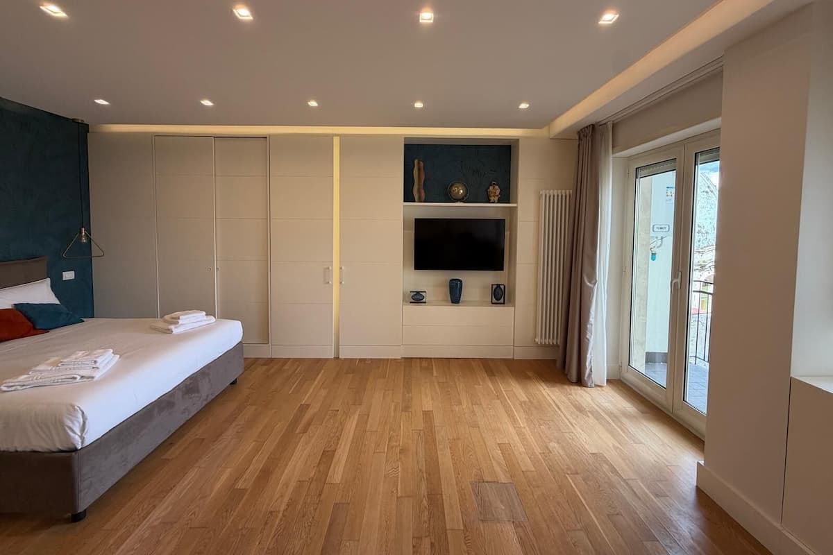 A bedroom with a bed, built-in wardrobe, TV, and large windows.