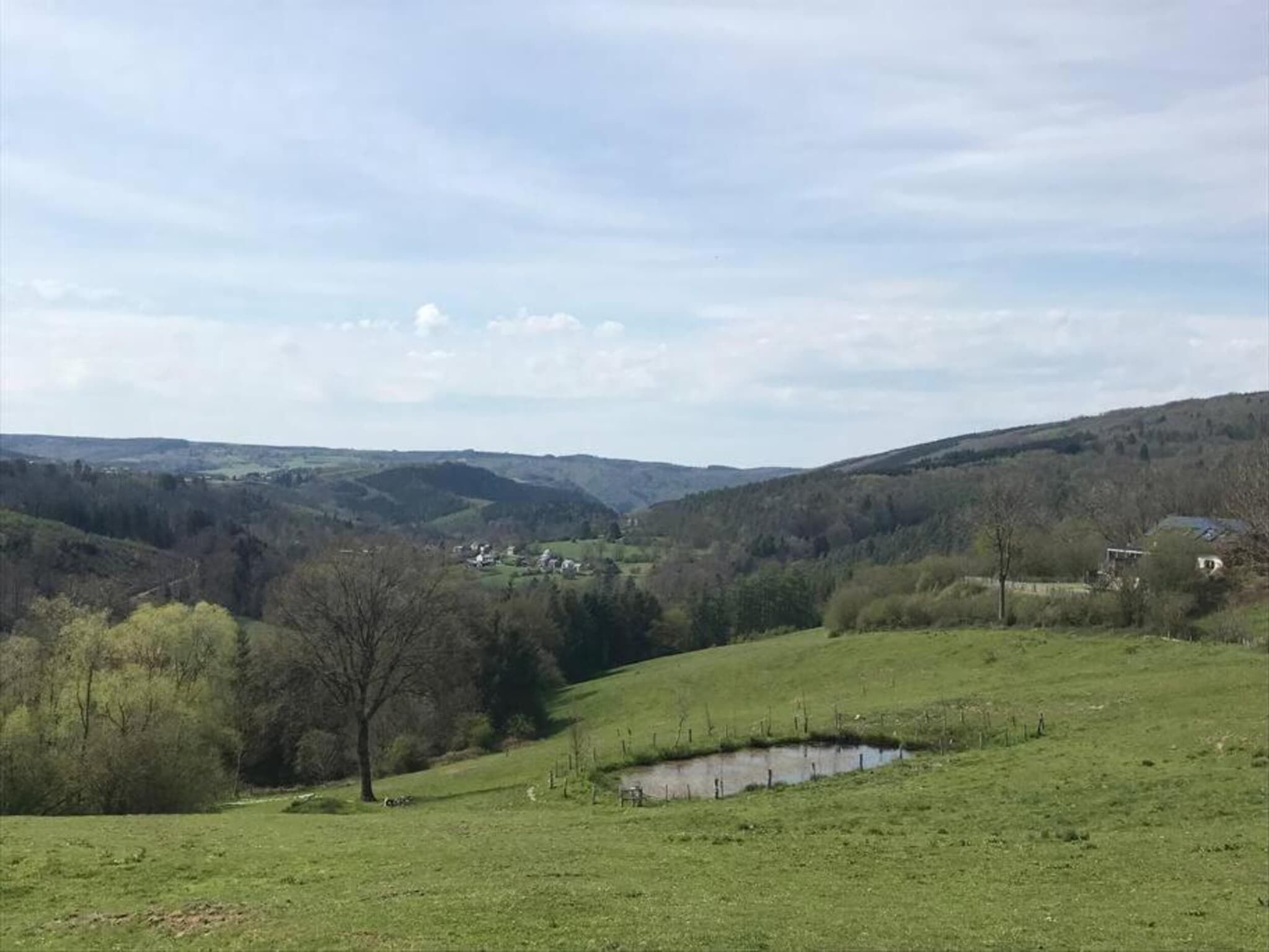A rural landscape with rolling hills, a small pond, and scattered trees.