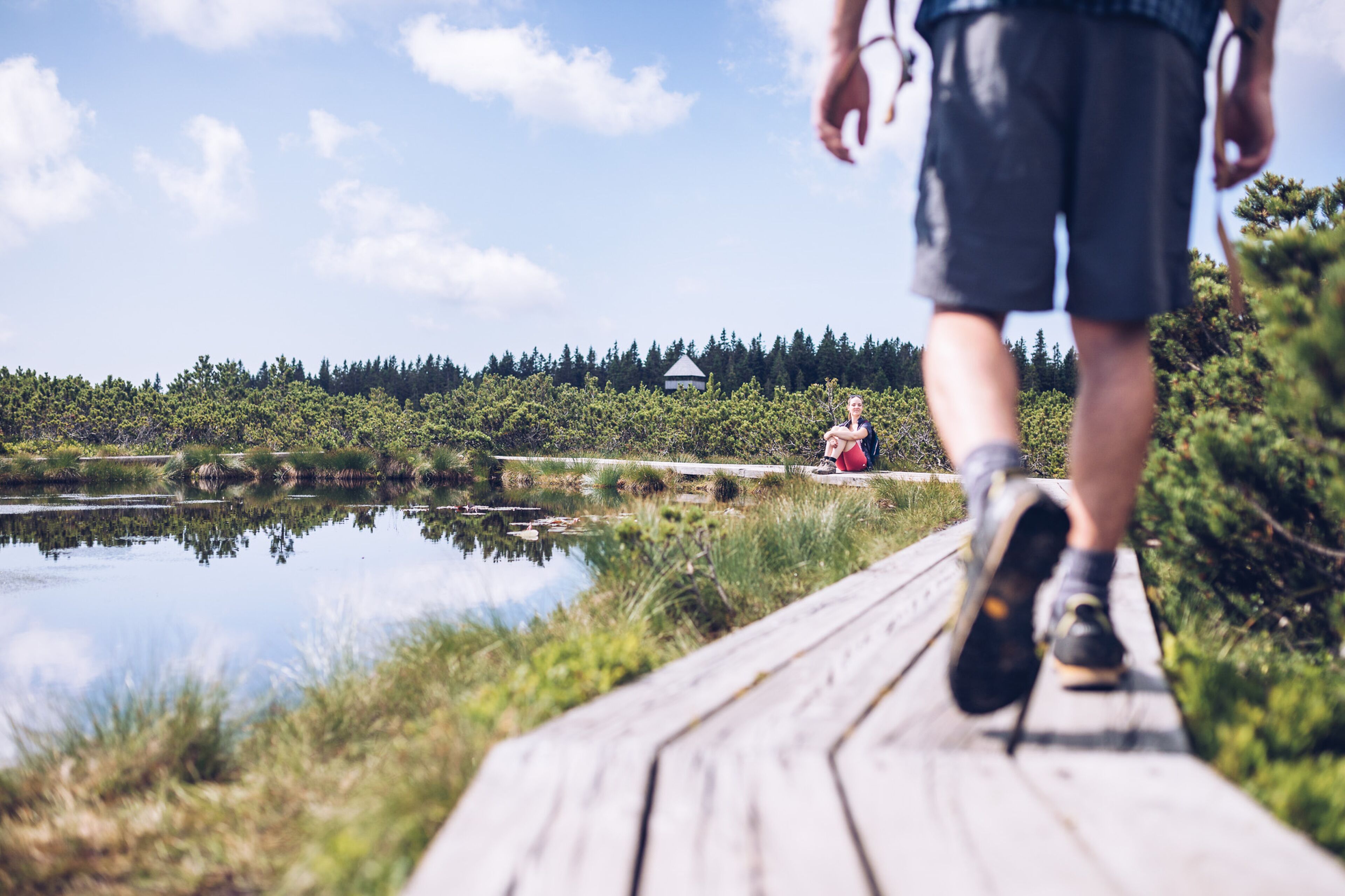 Una passerella di legno che conduce a un lago, con una persona che cammina verso un oggetto rosso sulla riva.