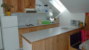 Een koelkast, een magnetron, een kookplaat