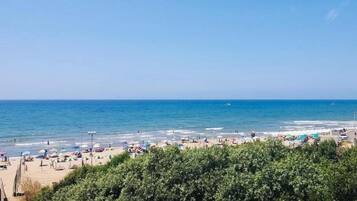 Ein Strand mit Sonnenschirmen und Menschen, ein klarer Himmel und das Meer.
