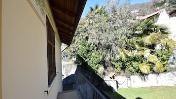 Un balcon doté d’un plafond en bois, donnant sur un jardin où poussent différentes espèces de plantes, et un mur blanc avec une fenêtre.