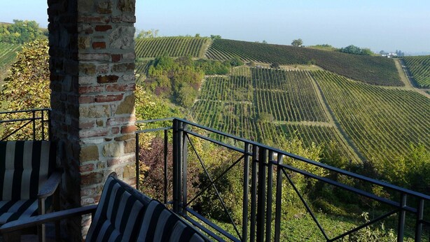 A terrace with a stone pillar, a metal railing, and a view of terraced vineyards.