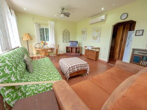 Een kamer met een groene bank, een bruine bank, een klein tafeltje met een lamp, een televisie en een houten kast.