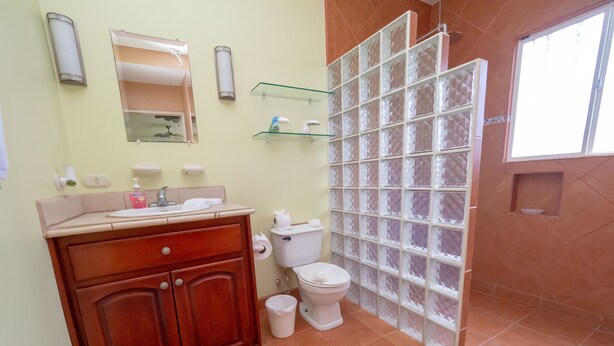 A bathroom with a wooden vanity, a toilet, and a glass shower enclosure.