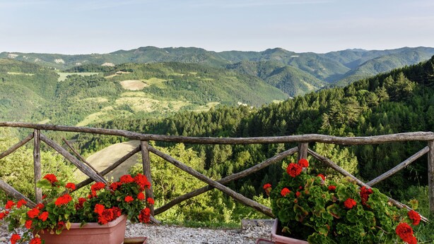 A scenic view from a balcony with a wooden railing, overlooking a lush valley with dense forests and rolling hills. - Villa with private swimming pool (Tredozio)