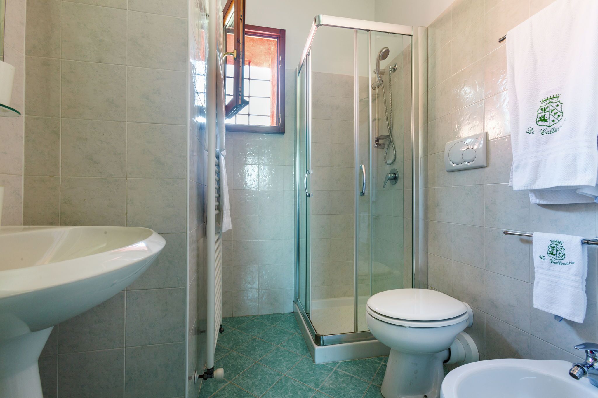 A bathroom with a glass-enclosed shower, a toilet, a sink, and a towel rack with a towel.
