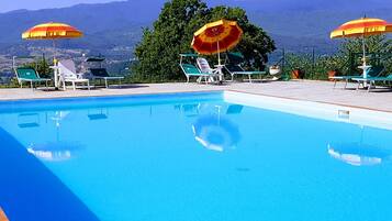 Una piscina con lettini e ombrelloni, circondata dal verde e con montagne sullo sfondo.