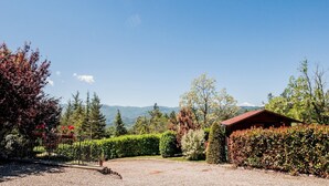 A rural landscape with a gravel driveway, a wooden cabin, and a variety of trees and shrubs. - Villa in Lonnano with pool (Lonnano)