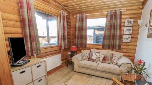A cozy log cabin interior with a sofa, a television, and plaid curtains. - Ingram (Morpeth)