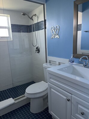 Shower, hair dryer, towels, soap