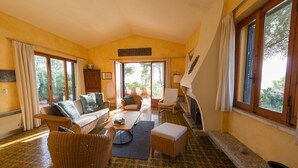Amplia sala de estar con mobiliario de mimbre, chimenea y ventanas grandes que ofrecen vistas al exterior.