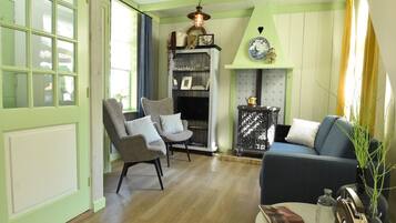 TV, fireplace, books