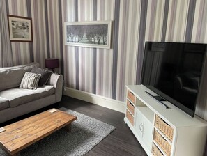 Una Smart TV, una chimenea, libros