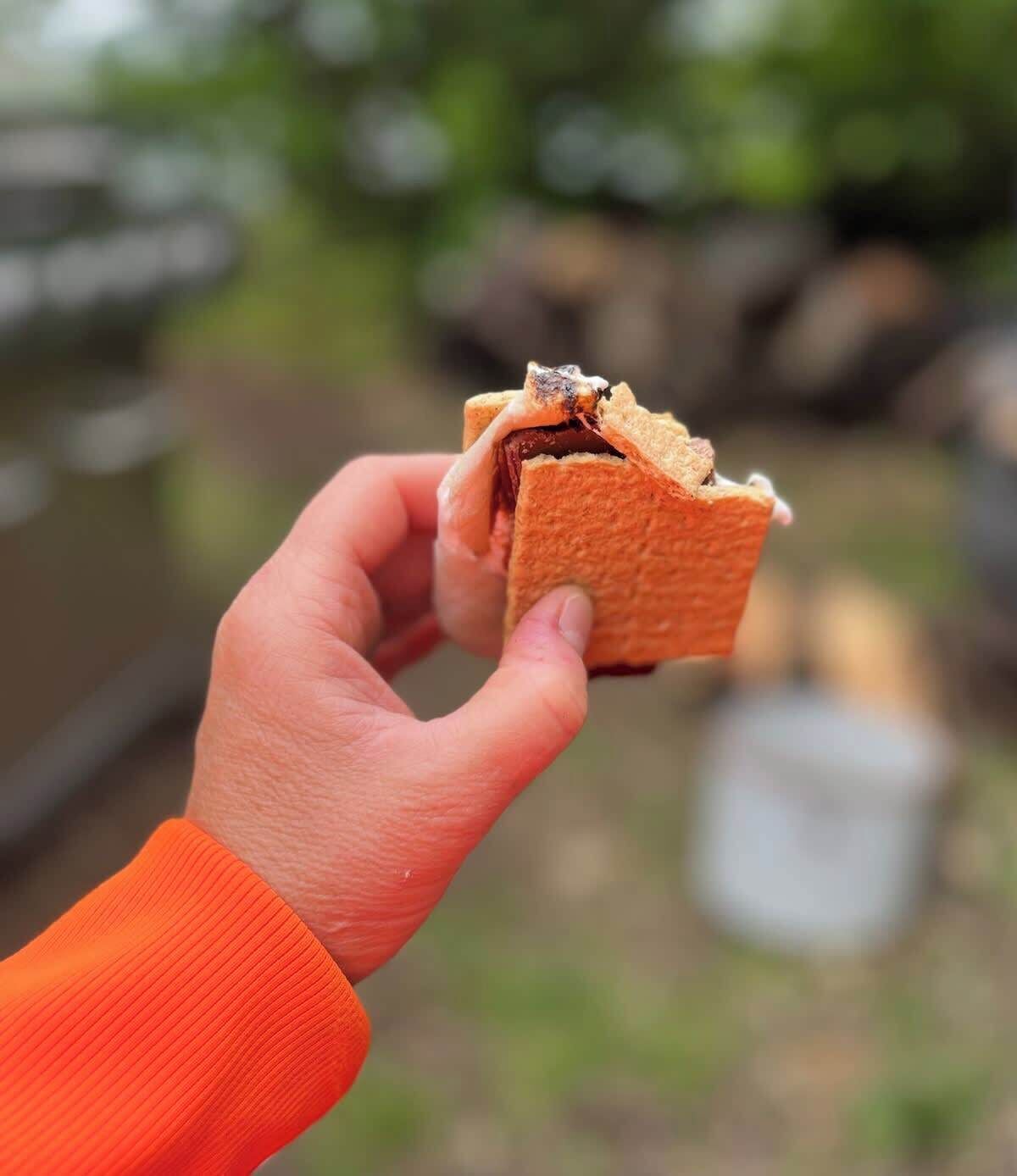 A hand holding a sandwich with visible fillings.