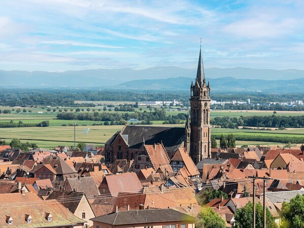 A town with historic buildings and a prominent church tower. - Apartment in Dambach near Vineyards (Dambach-la-Ville)