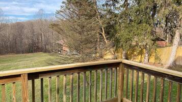 A wooden deck with a green artificial turf surface, surrounded by trees and a grassy area.