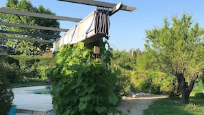 A garden area with a pergola, a gravel path, and a seating area with a chair. - House with swimming pool in lavender fields near the Gorges du Verdon (Bras-d'Asse)