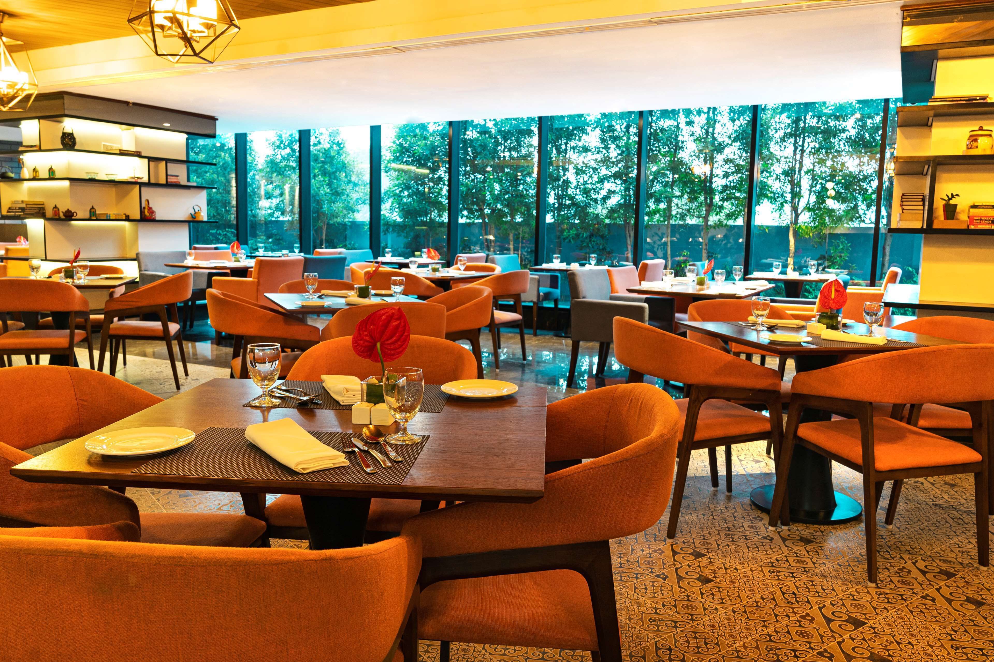 Un restaurant avec des tables et des chaises orange, de grandes fenêtres et une vue sur les arbres.