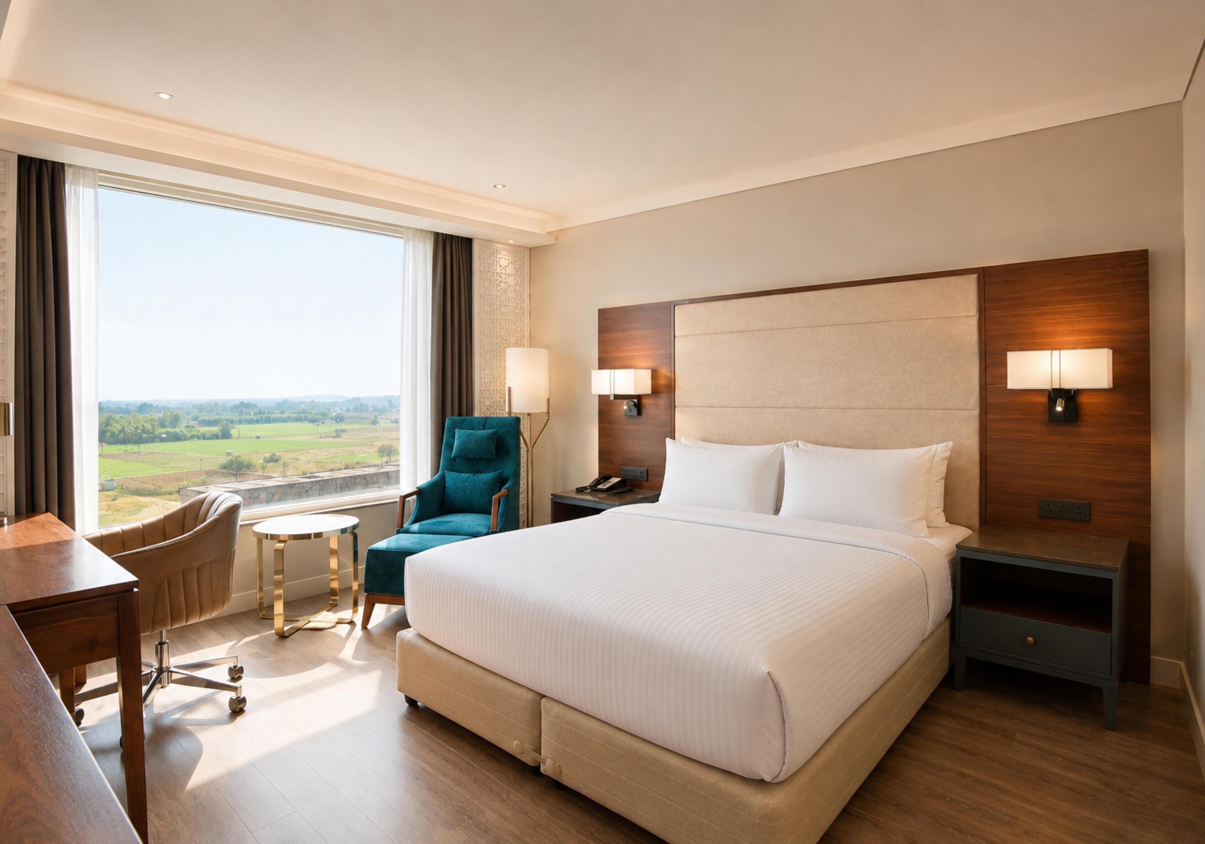 Une chambre d’hôtel avec un grand lit, un bureau, une chaise et une vue sur la campagne.