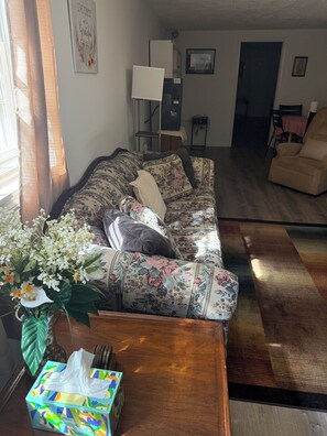 A living room with a floral sofa, a wooden coffee table, a vase with flowers, and a box of tissues. - Two Bedroom Basement only home near UGA - with newly renovated floors!! (Athens)