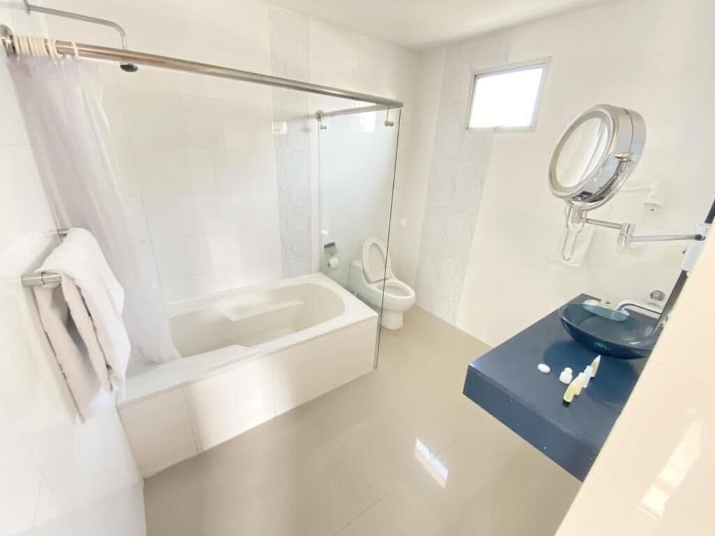 shower, designer toiletries, hair dryer, heated floors