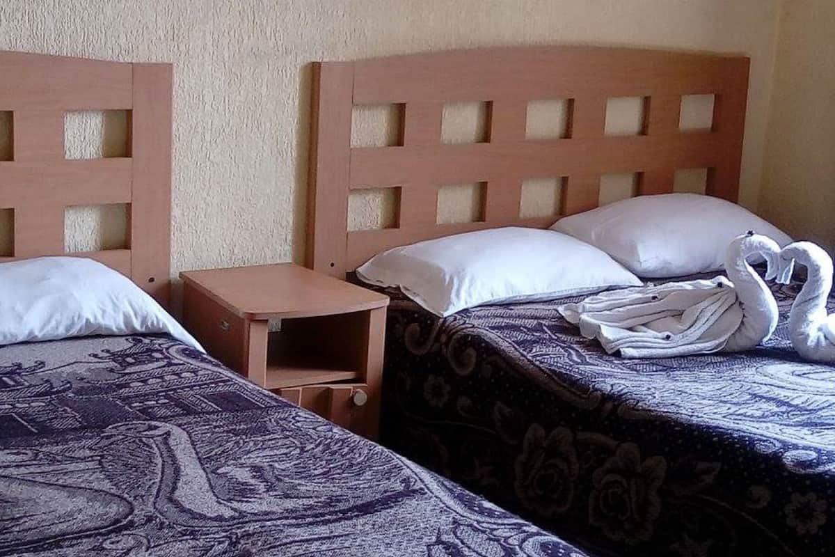 Two single beds with headboards, a small wooden nightstand, and a swan-shaped towel arrangement.