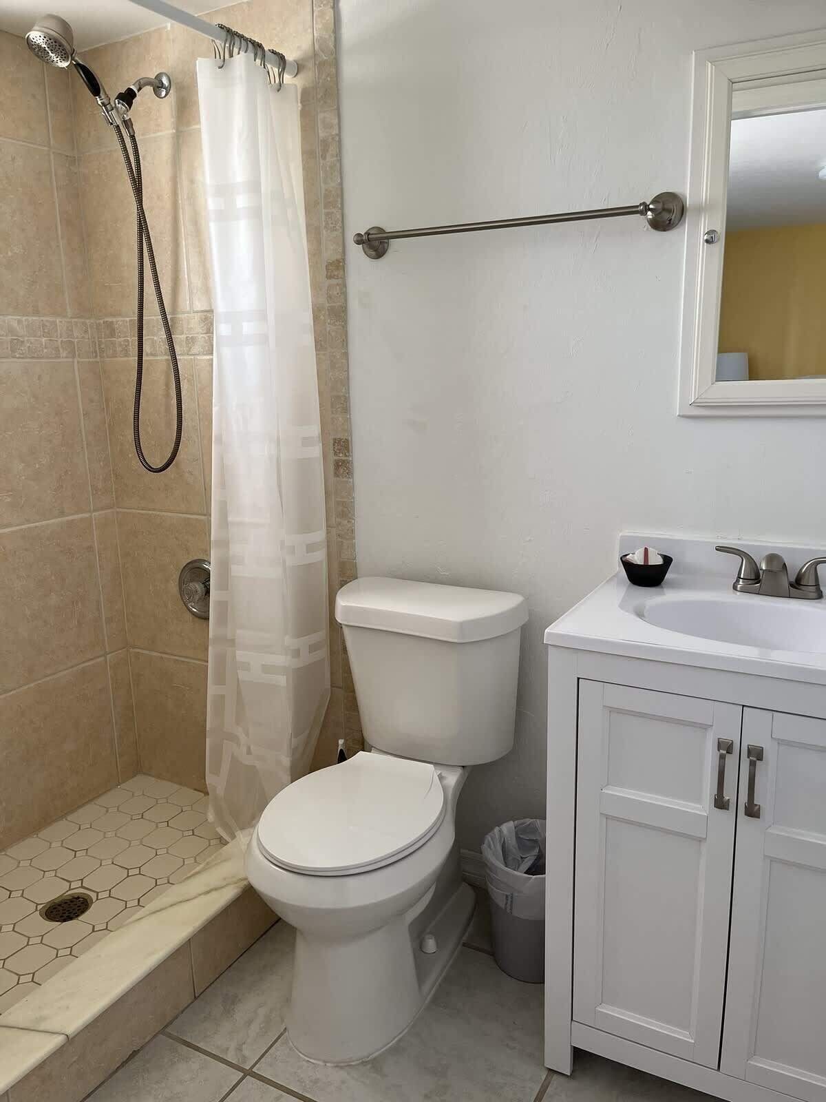 Shower, towels, toilet paper