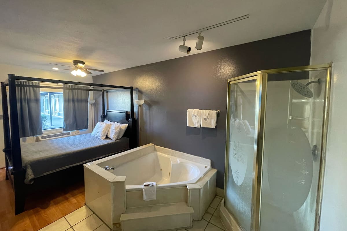 Chambre simple, 1 grand lit, baignoire Ă remous, vue sur le jardin | Rideaux dâobscurcissement, fer et planche Ă repasser