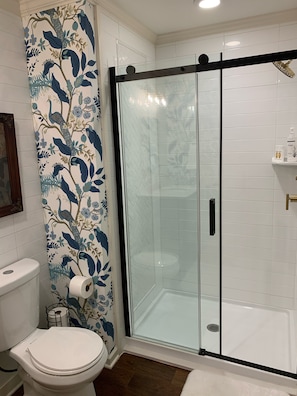 Combined shower/tub, hair dryer, towels, soap