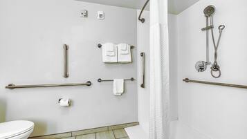 A bathroom with a toilet, grab bars, a shower with a handheld showerhead, and a towel rack.