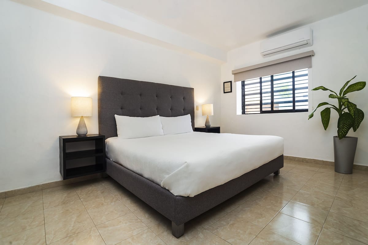 Une chambre à coucher avec un grand lit, deux tables de chevet avec des lampes, une plante en pot et une fenêtre avec des stores.