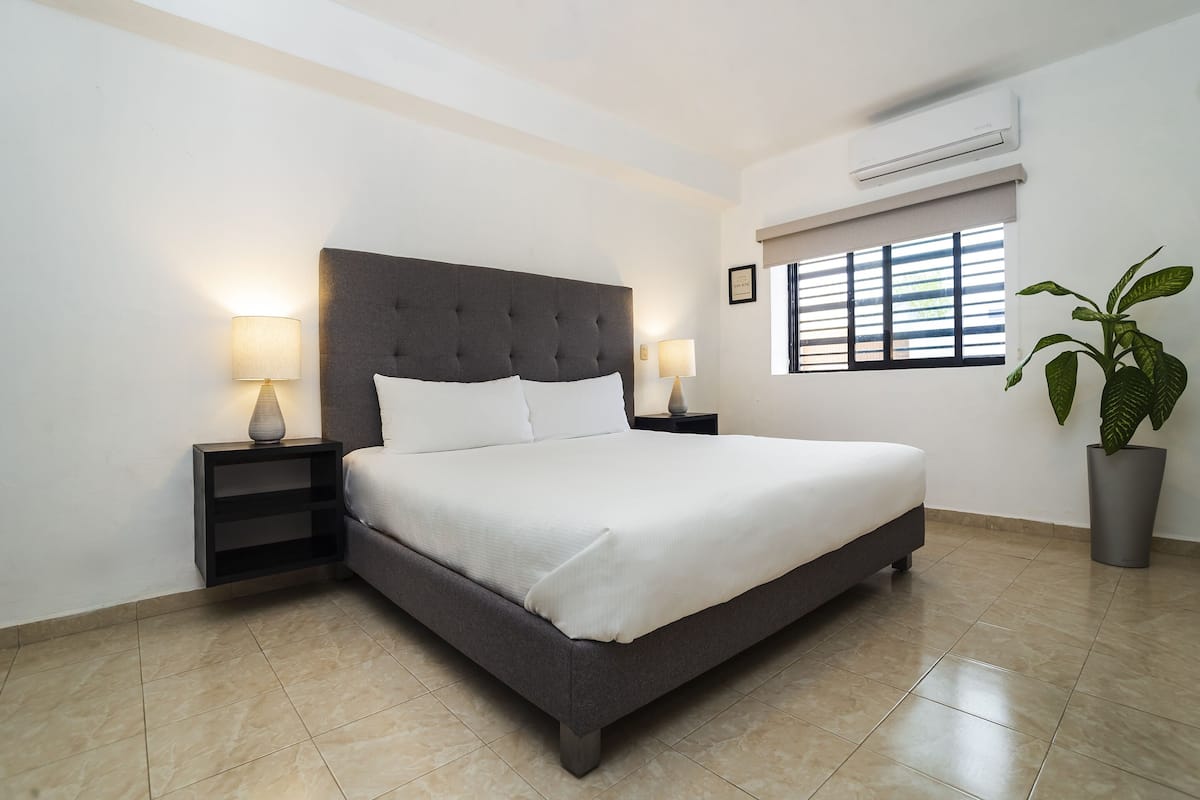 Une chambre moderne avec un grand lit, deux tables de chevet avec des lampes, une plante en pot et une fenêtre avec des stores.