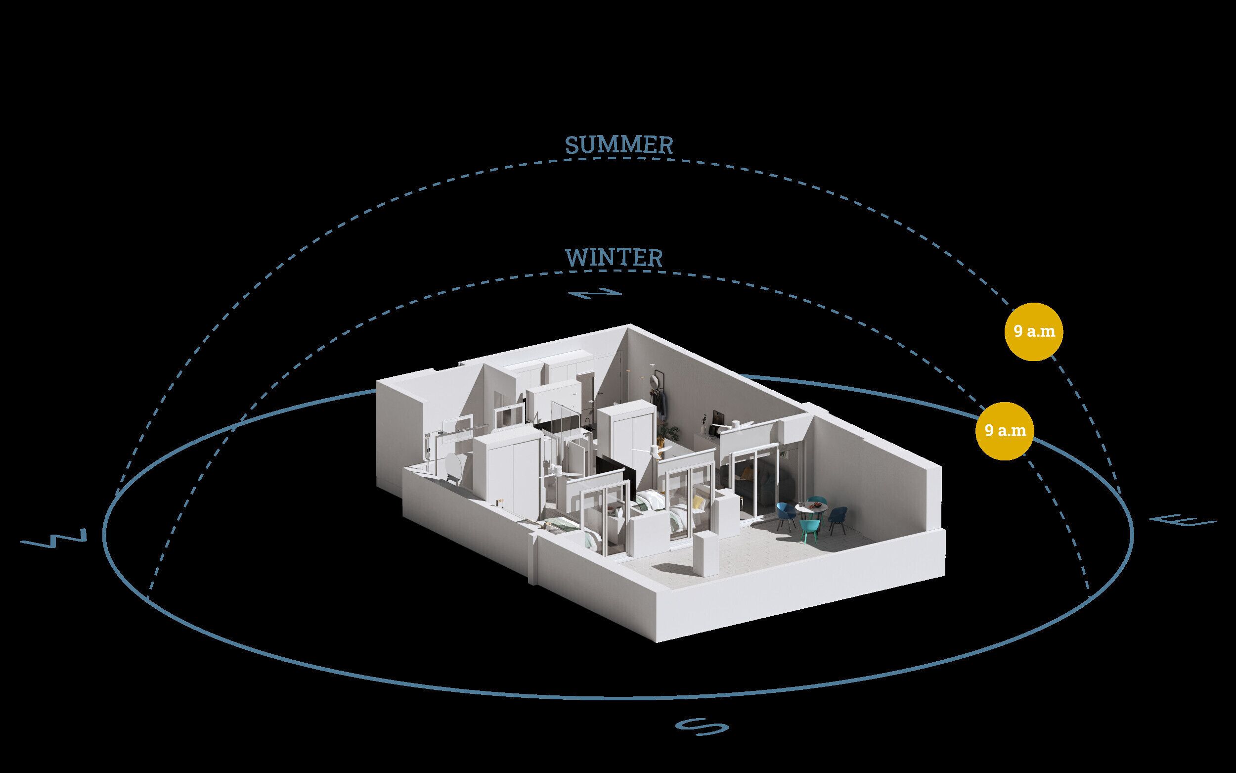 A 3D model of a building with a central atrium, multiple rooms, and a circular layout.
