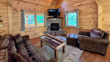 Flat-screen TV, fireplace
