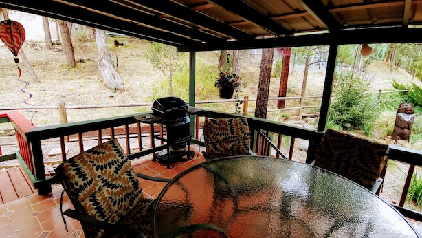 A covered patio with a glass table and patterned chairs, overlooking a garden with trees and a barbecue grill.