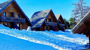 Een rij houten chalets met balkons, gelegen in een besneeerd landschap.