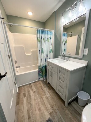 Combined shower/tub, hair dryer, towels